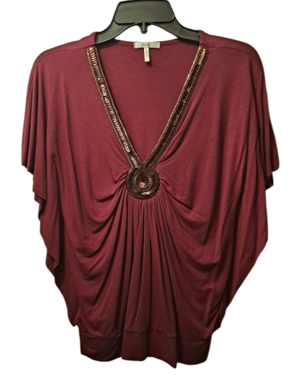 Metro 7 Embellished V-Neck Batwing Top - Burgundy